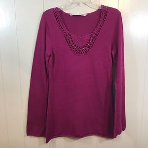 Athleta Organic Cotton Raspberry Pink Crochet Beads Long Sleeve Active Sweater M
